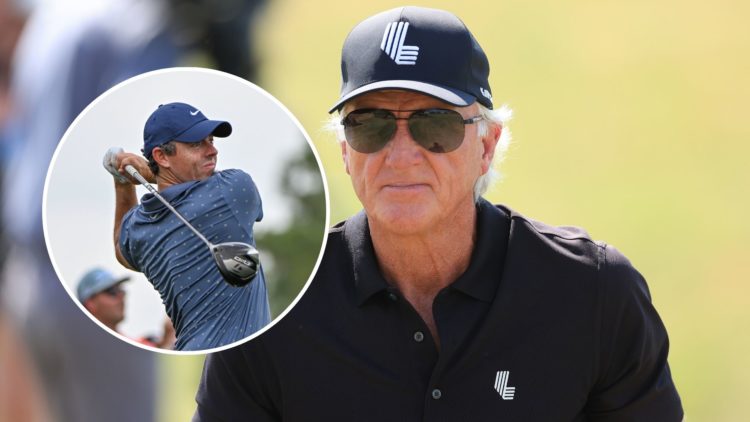 Image of Greg Norman with an inset of Rory McIlroy