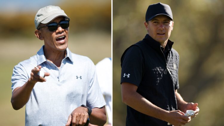 Split image of Jordan Spieth and Barack Obama - Jordan Spieth walks on the fifth hole during the third round of the Valspar Championship 2025/Forme...