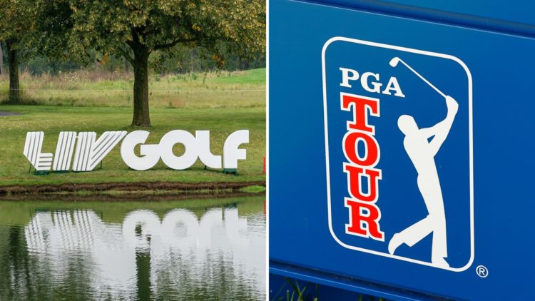 Split image of the PGA Tour logo and the LIV Golf logo.