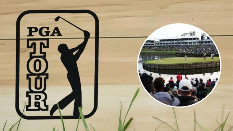 A detailed view of a PGA Tour logo prior to the AT&T Pebble Beach Pro-Am at Pebble Beach Golf Links. Inset, TPC Sawgrass.