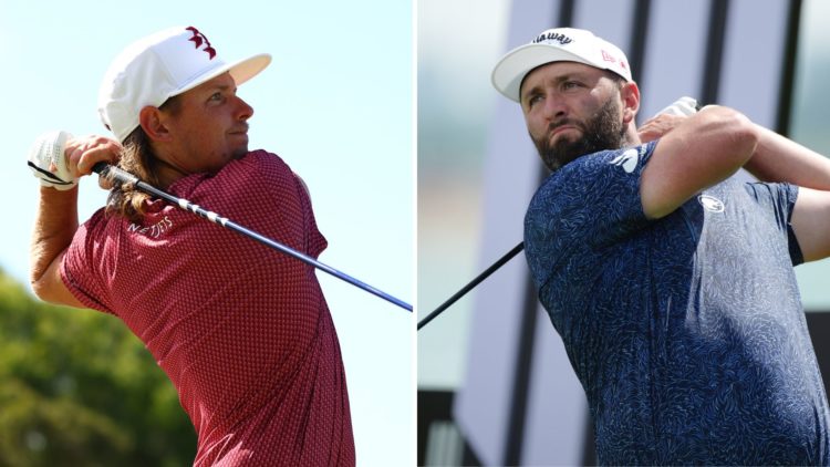 Split image of Jon Rahm of Legion XIII tees off at 7th hole on day one of LIV Golf Singapore, and Cam Smith of Australia plays a shot on the 16th h...