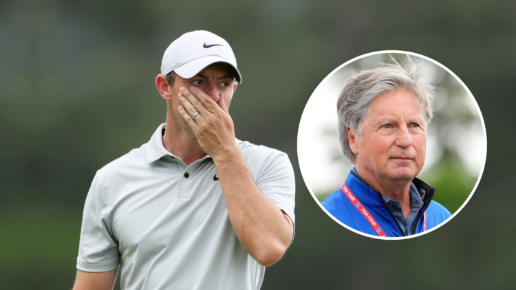 Rory McIlroy of Northern Ireland reacts to a putt on the 18th green during the second round of the 2023 Masters Tournament at Augusta National Golf...