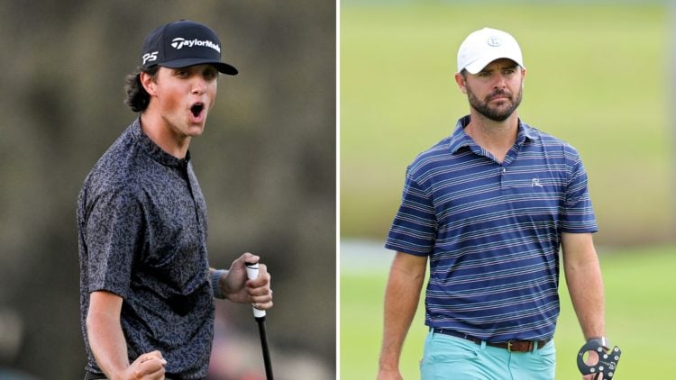 Split image of Grant Horvat reacts after making a birdie on the 17th hole to win in sudden death during the Creator Classic prior to THE PLAYERS Ch...