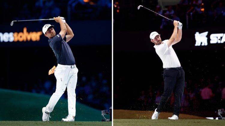 Split image of Xander Schauffele of New York Golf Club plays a shot on the second hole during their TGL presented by SoFi match and Patrick Cantlay...