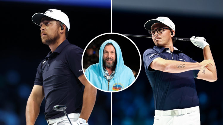 Split image of Xander Schauffele of New York Golf Club plays his shot from the first tee during their TGL presented by SoFi match against the Los A...