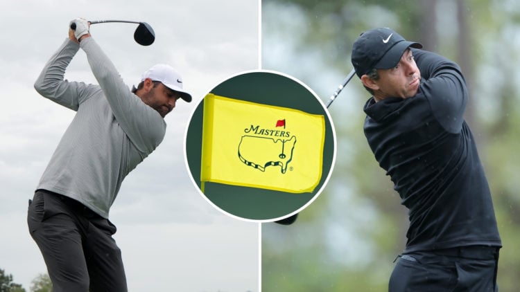 Split image of Scottie Scheffler of the United States hits his tee shot on the first hole during the second round of the Texas Children's Houston O...