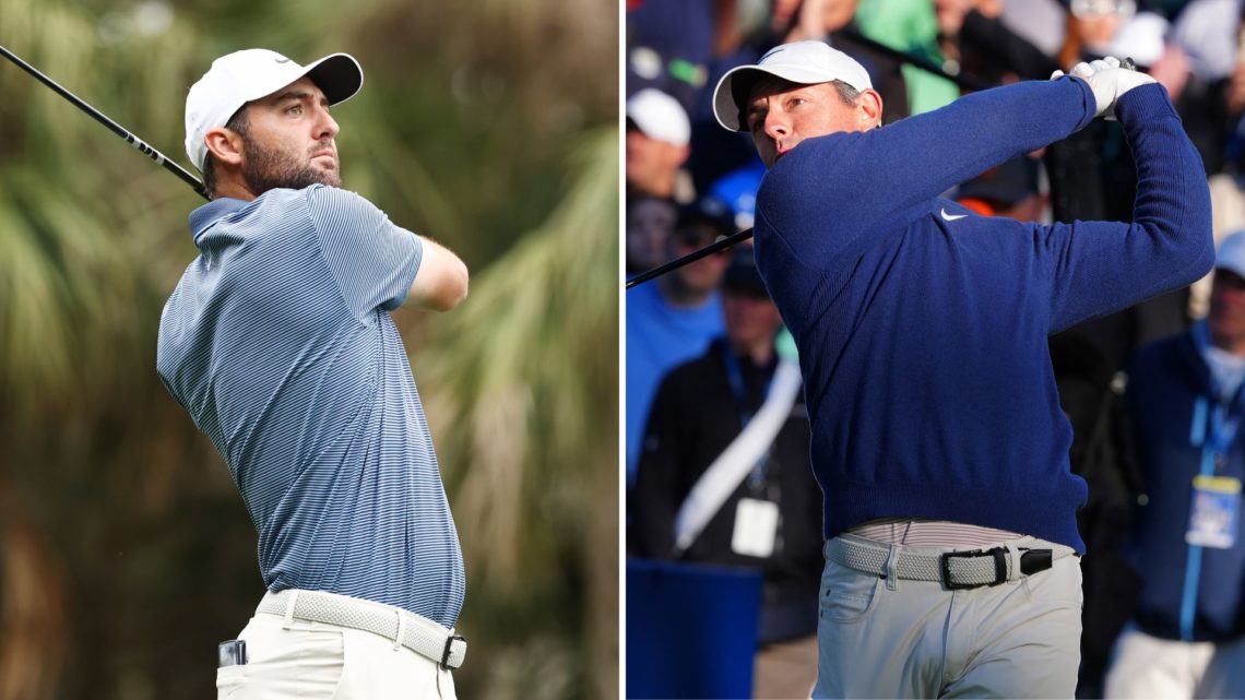 Split image as Scottie Scheffler of the United States plays his shot from the second tee during the final round of THE PLAYERS Championship, and Ro...