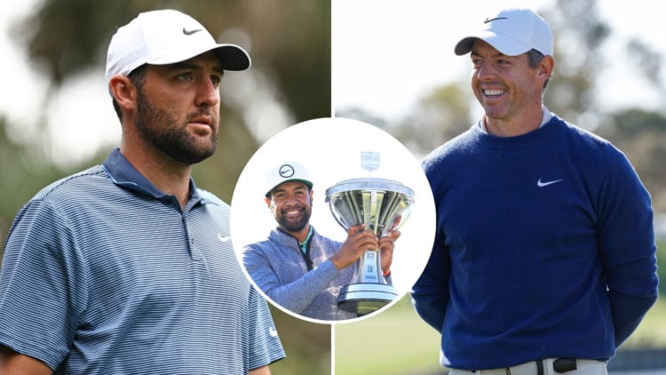 Split of Scottie Scheffler of the United States looks on from the second tee during the final round of THE PLAYERS Championship with Rory McIlroy o...