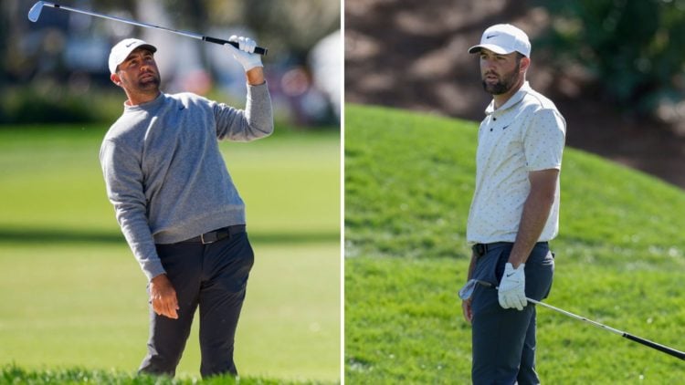 Split image of Scottie Scheffler reacting to a fairway bunker shot, and Scheffler on the seventh hole during the first round of the Players Champio...