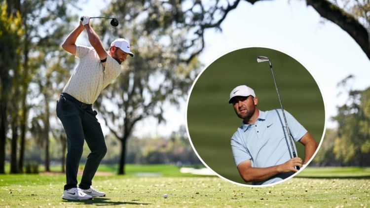 Two-way split image of Scottie Scheffler of the United States playing in the first round of the 2025 Players Championship.