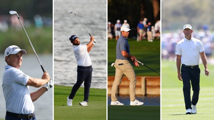 Split image of Bud Cauley of the United States plays a shot on the 18th hole during the third round of THE PLAYERS Championship, J.J. Spaun plays h...