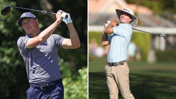 Split image of Jordan Spieth of the United States plays his shot from the third tee during the final round of the Cognizant Classic in The Palm Bea...