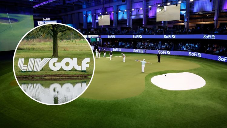 A general view of New York Golf Club and The Bay Golf Club players on the green during their TGL presented by SoFi match. Inset, LIV golf logo.