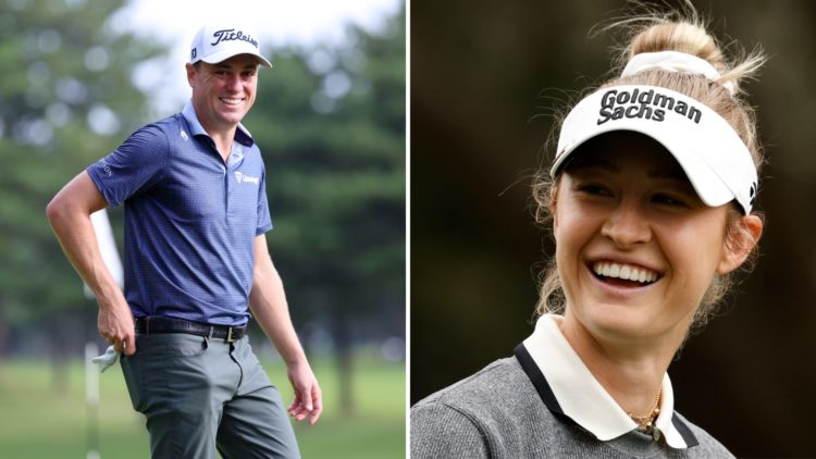 Split image of Justin Thomas of the United States seen on the 18th green during the Pro-Am, and Nelly Korda of the United States walking off the fi...
