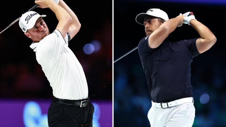 Split image as Justin Thomas of Atlanta Drive GC plays a shot during their TGL presented by SoFi match against The Bay Golf Club, and Xander Schauf...