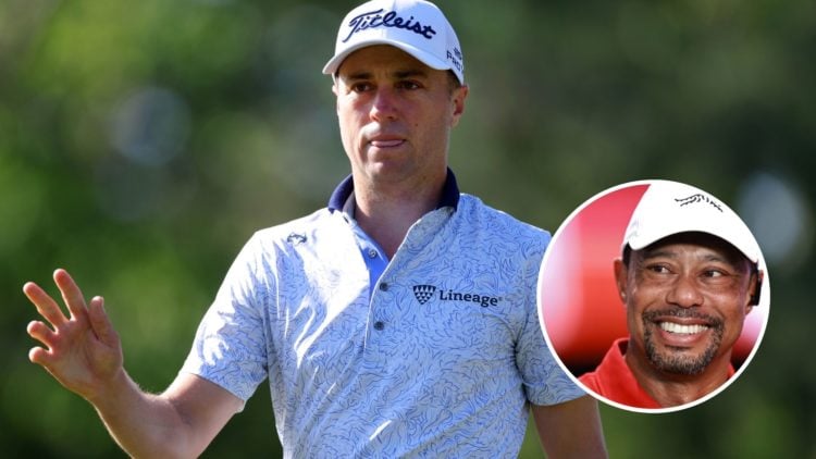 Tiger Woods of Jupiter Links Golf Club looks on after their TGL presented by SoFi match against the Atlanta Drive: Inset Justin Thomas of the Unite...