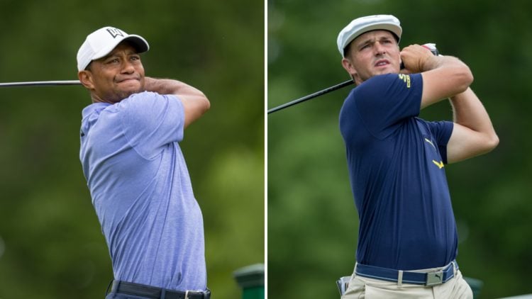 Split image of Tiger Woods plays his shot from the 18th tee during the Memorial Tournament presented by Nationwide at Muirfield Village Golf Club o...