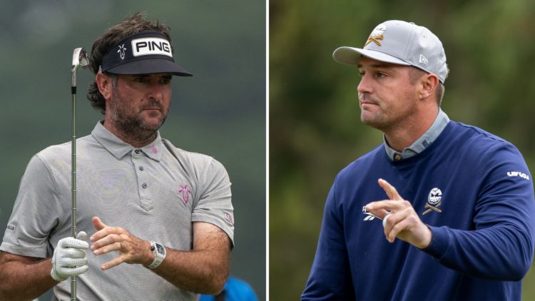 Split image of Bubba Watson teeing off, and Bryson Dechambeau gesturing a move during day one of LIV Golf Hong Kong.