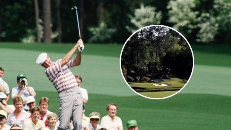 Tom Weiskopf hits a tee shot on the 12th hole of Augusta National Golf Club at the 1989 Masters. Inset of the 12th hole green of Augusta National a...