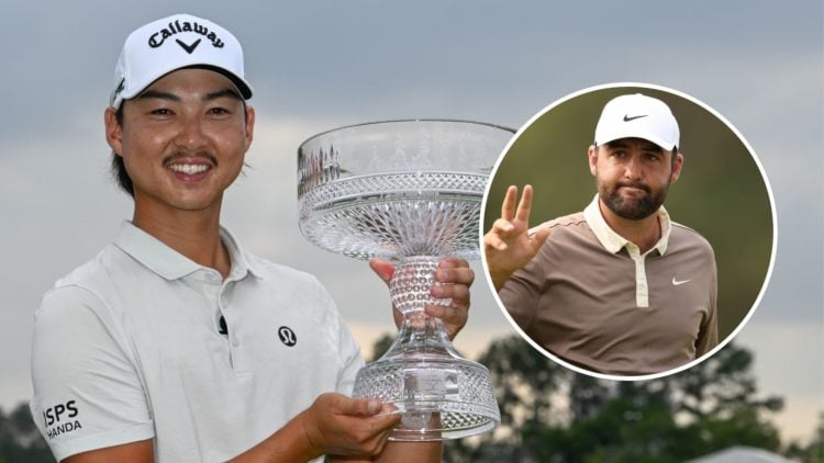 Min Woo Lee (AUS) holds the trophy for winning the the Texas Children's Houston Open. Inset, Scottie Scheffler.