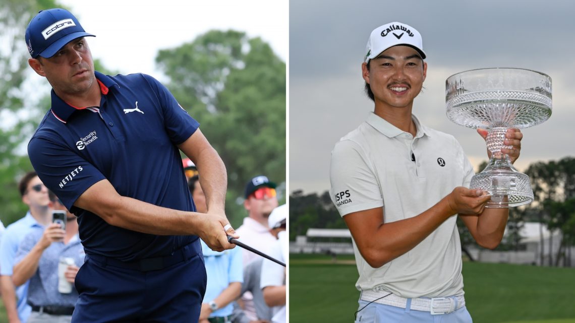 Split image of Gary Woodland of the United States hits from the rough on the 13th hole during the final round of the Texas Children's Houston Open ...