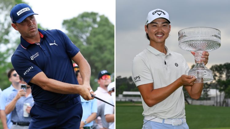 Split image of Gary Woodland of the United States hits from the rough on the 13th hole during the final round of the Texas Children's Houston Open ...