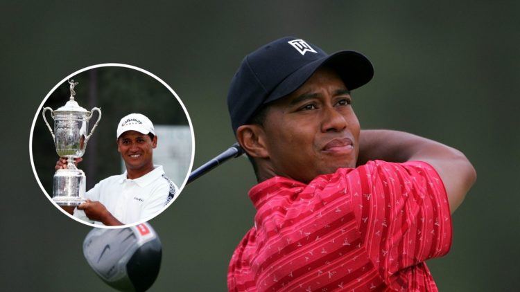 Tiger Woods hits his tee shot during the final round of the U.S. Open. Inset, Michael Campbell holding the US Open trophy