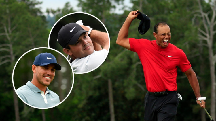Masters champion Tiger Woods celebrates winning the Masters 2019 with two insets of Brooks Koepka playing on hole No. 18 during the final round of ...