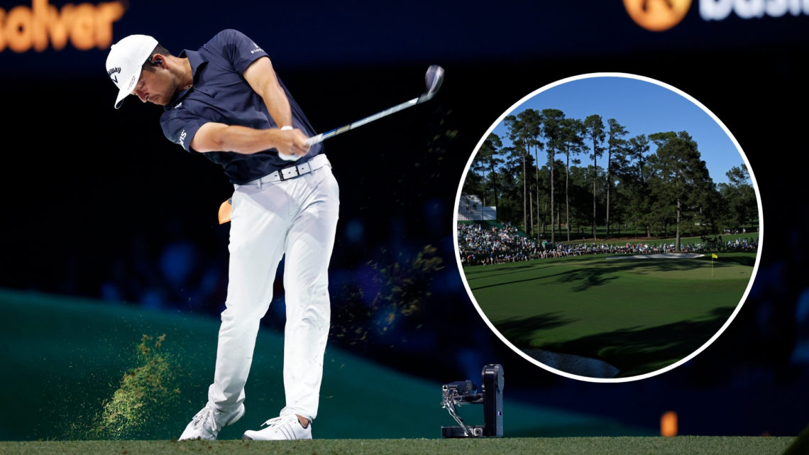 Xander Schauffele of New York Golf Club plays a shot on the second hole during their TGL with an inset of A general view of the 15th green during t...