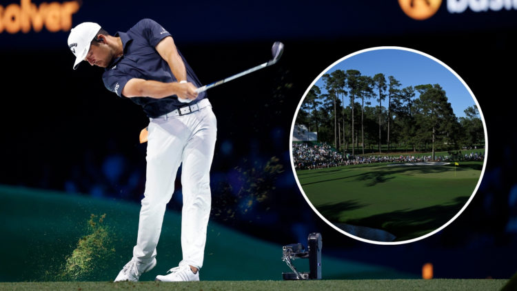 Xander Schauffele of New York Golf Club plays a shot on the second hole during their TGL with an inset of A general view of the 15th green during t...