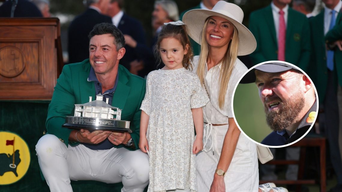 An image of Rory McIlroy holding The Masters trophy alongside his daughter Poppy and wife Erica with inset of Shane Lowry