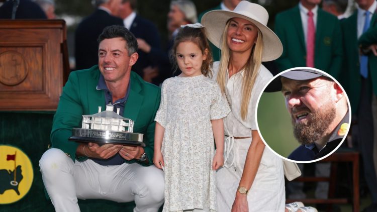An image of Rory McIlroy holding The Masters trophy alongside his daughter Poppy and wife Erica with inset of Shane Lowry