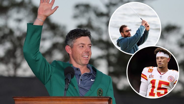 Image of Rory McIlroy with insets of Patrick Mahomes and Adam Sandler