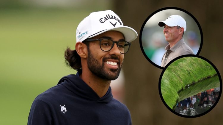 Main image - Akshay Bhatia smiles as he walks up the 17th fairway during the second round of the Rocket Mortgage Classic at Detroit Golf Club. Inse...