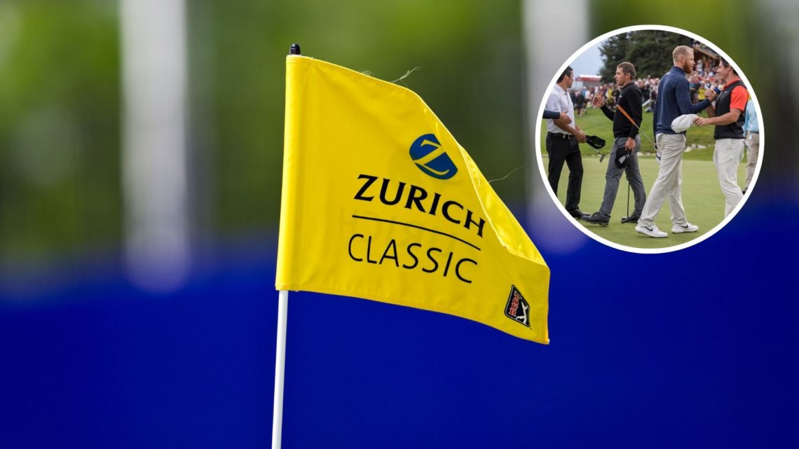 Main image of The Zurich Classic logo adorning the 9th hole flag in Avondale, Louisiana. Inset - Finland's Kalle Samooja, Argentine's Andres Romero...
