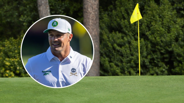 The third hole during at Augusta National Golf Club with an inset of Bryson DeChambeau of the United States during practice prior to the Masters at...