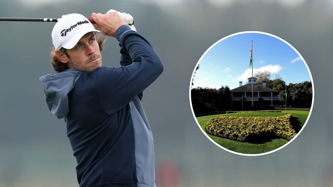 Former Footballer, Gareth Bale tees off on the fourth hole during day four of the Alfred Dunhill Links Championship 2024. Inset, Augusta National g...