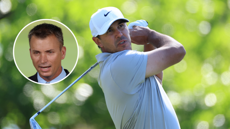 Composition image of Brooks Koepka at The Masters 2025. Inset, Rex Hoggard.