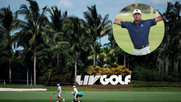 Signage is displayed on course prior to the LIV Golf Invitational - Miami at Trump National Doral Miami on October 18, 2023, main image. Bryson DeC...