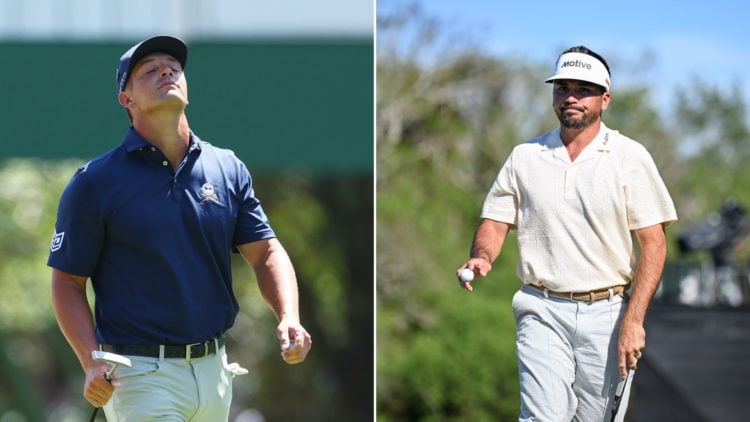 Split image - Bryson DeChambeau (L) reacts after making bogey on the third green during the final round of the 2024 Masters Tournament at Augusta N...