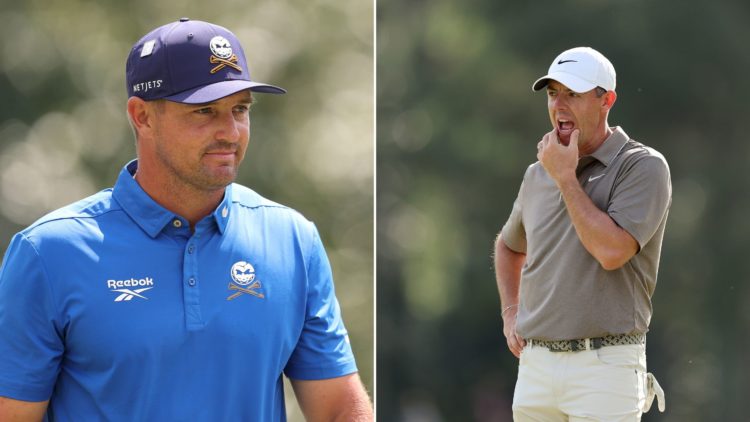 Split image of Bryson DeChambeau walks on the first green during the first round of the 2025 Masters Tournament at Augusta National Golf Club, left...