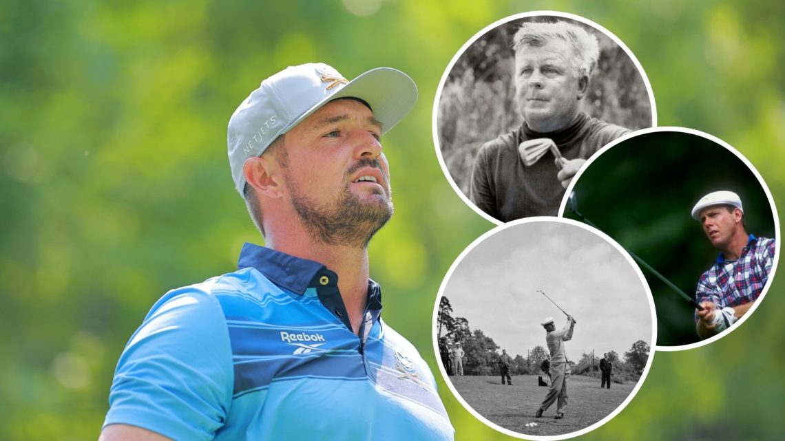 Bryson DeChambeau of Crushers GC looks on from the 8th tee on day one of LIV Golf Mexico, main image. Legendary Canadian golfer Moe Norman, inset t...