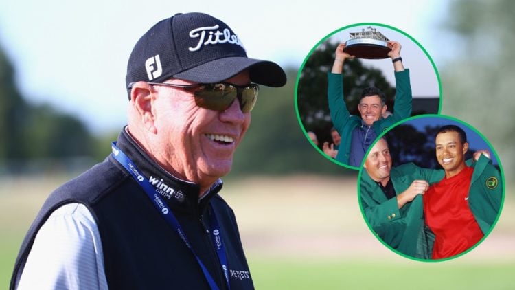 Golf coach Butch Harmon, main image. Master champion Rory McIlroy, inset top. Five-time Masters champion Tiger Woods, inset bottom.