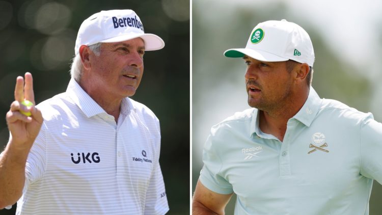A split image of Fred Couples and Bryson DeChambeau at the 2025 Masters tournament