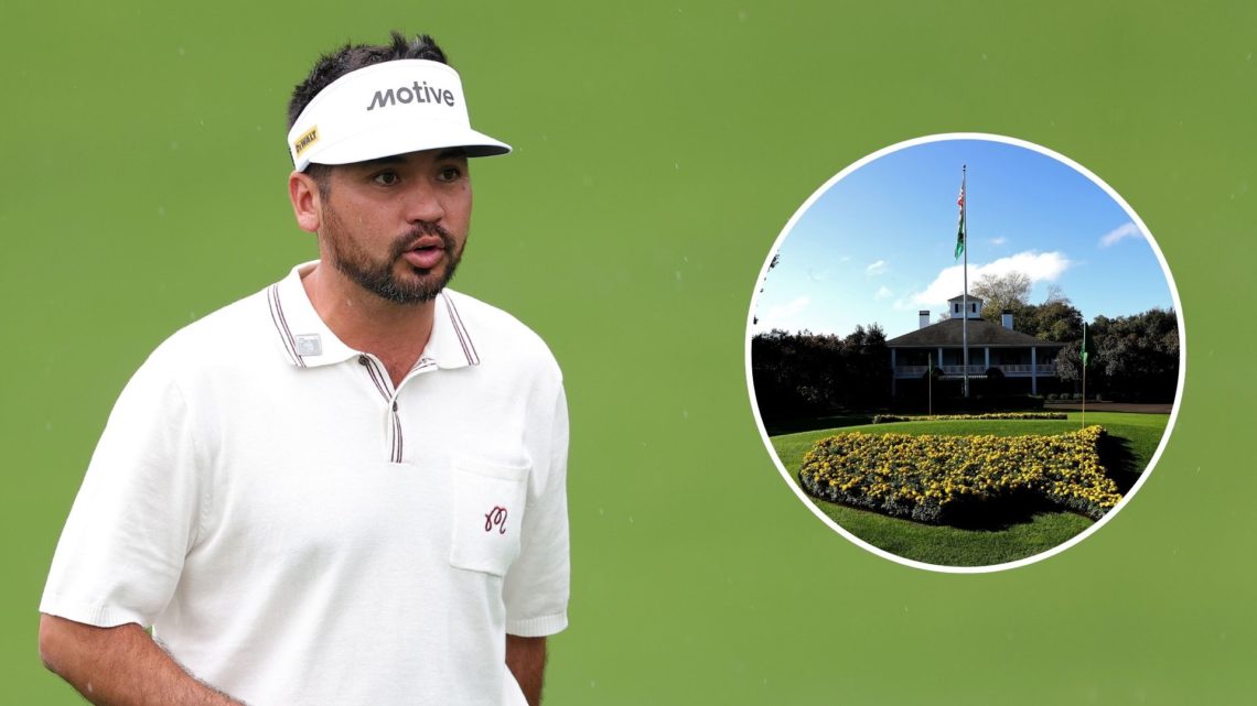 Jason Day of Australia looks across the tournament practice area ahead of a practice round prior to the 2025 Masters Tournament. Inset, a general v...