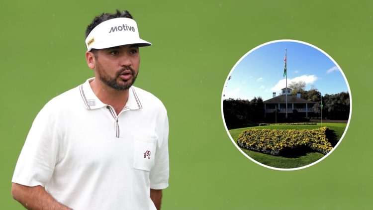 Jason Day of Australia looks across the tournament practice area ahead of a practice round prior to the 2025 Masters Tournament. Inset, a general v...