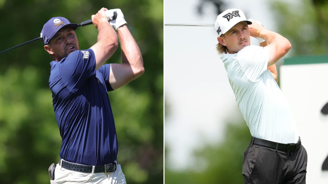 Split image of Bryson DeChambeau playing his shot from the fifth tee during the final round of the 2025 Masters Tournament at Augusta National Golf...
