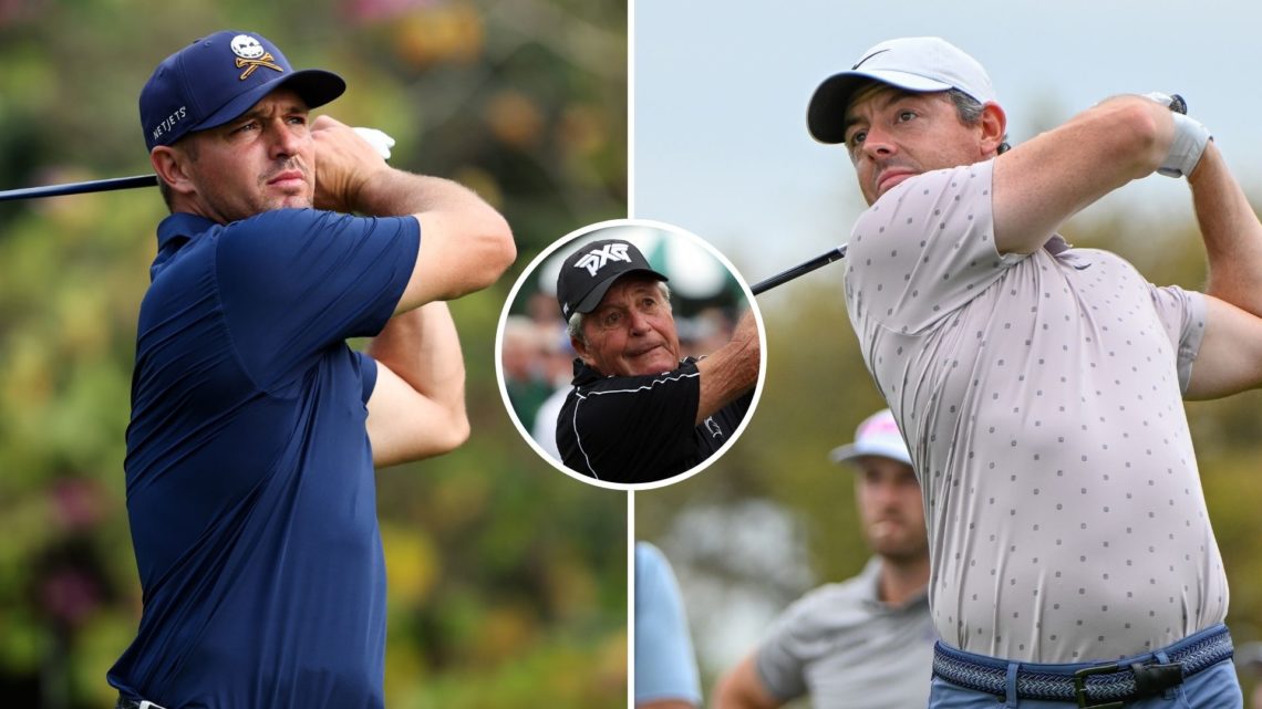 Split image of Bryson DeChambeau of Crushers GC plays a shot on the tee of 17th hole on day three of LIV Golf Hong Kong, and Rory McIlroy watches h...