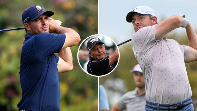 Split image of Bryson DeChambeau of Crushers GC plays a shot on the tee of 17th hole on day three of LIV Golf Hong Kong, and Rory McIlroy watches h...