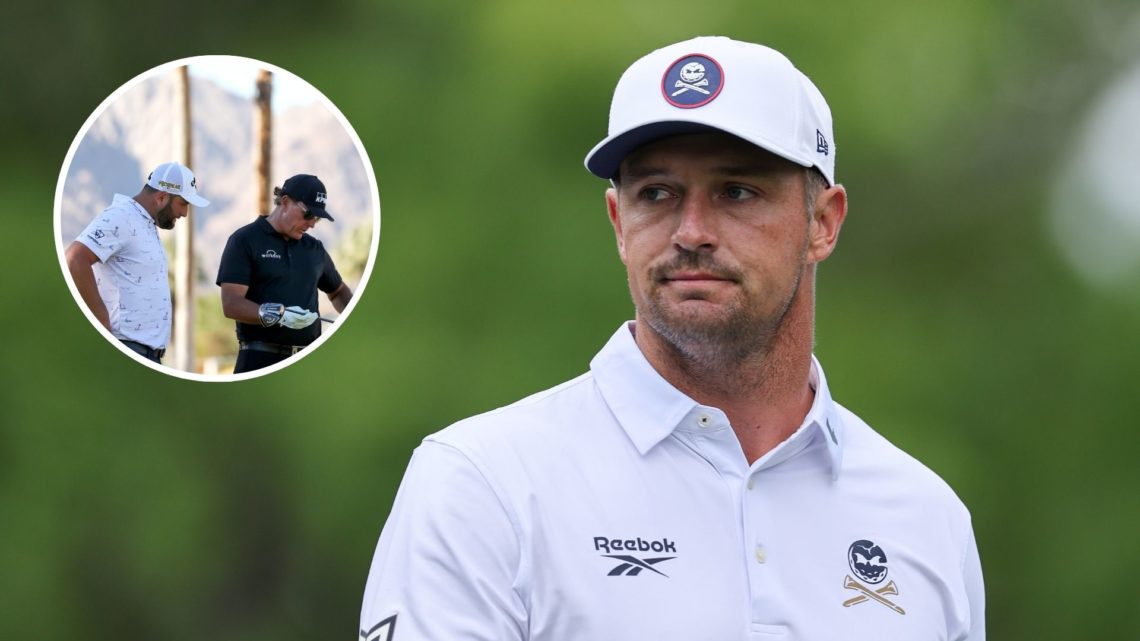 Bryson DeChambeau leaves the fifth tee during the third round of the 2025 Masters Tournament at Augusta National Golf Club, main image. Jon Rahm an...